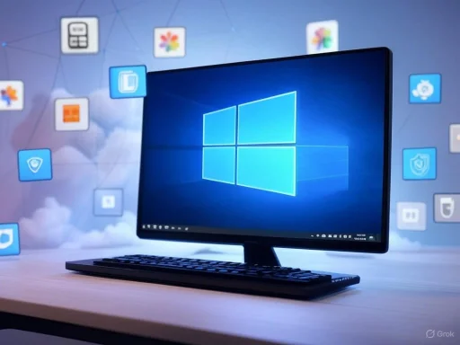 A computer monitor displaying the Windows 10 desktop with various app icons in the background.