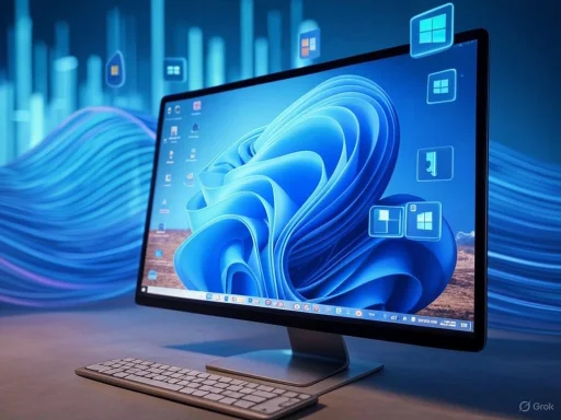 A sleek all-in-one computer with a keyboard, displaying Windows 11 interface, set against a futuristic digital backdrop.