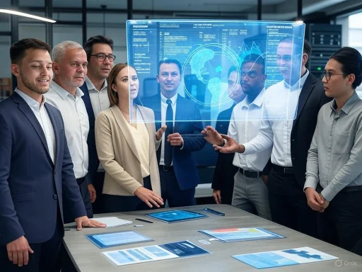 Team of professionals engaged in a data presentation with holographic digital screens in a modern office setting.