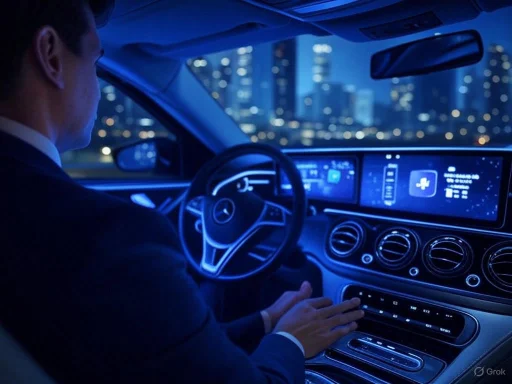 A person in formal attire operating a modern Mercedes-Benz car at night with city lights in the background.
