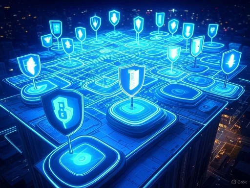 Futuristic digital security shields and icons displayed on a glowing rooftop against a city skyline at night.