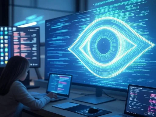 A person working on computers in front of a large screen displaying a glowing eye and digital code, indicating cybersecurity or hacking activities.