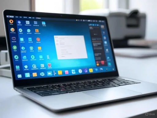 A sleek silver laptop displaying a blue desktop with multiple icons on a white desk near a window.