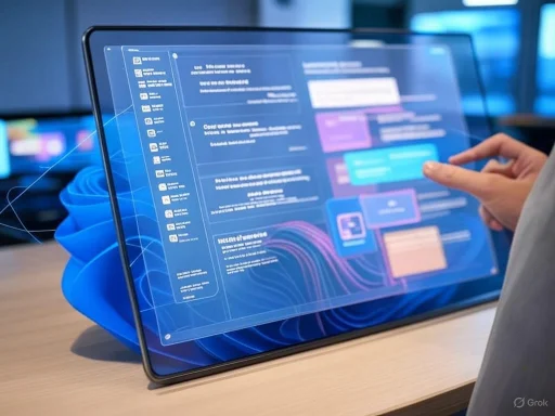A person interacts with a futuristic, transparent digital display on a large tablet or monitor.