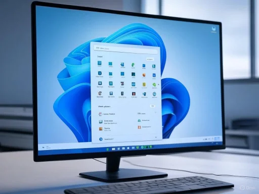 A computer monitor displays the Windows 11 desktop with an open application window on a clean desk setup.