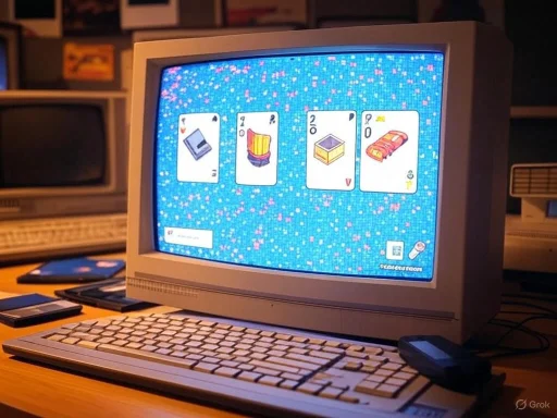 A vintage computer monitor displaying a colorful card game with illustrated playing cards on a wooden desk.