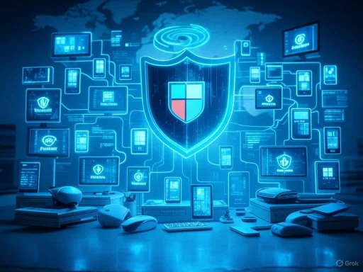 A digital security hub with interconnected screens, devices, and a central shield logo symbolizing cybersecurity. A digital security hub with interconnected screens, devices, and a central shield logo symbolizing cybersecurity.