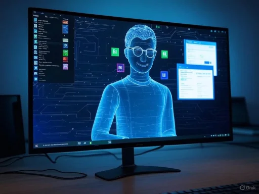 A digital hologram of a smiling person with glasses appears on a computer screen in a high-tech setting.