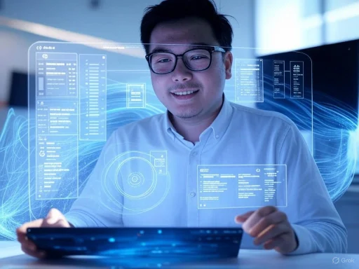 A man using a tablet with futuristic holographic data displays overlayed in a high-tech environment.