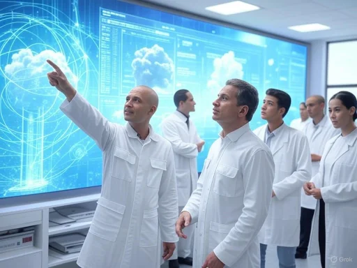 Scientists in white coats analyze data on a large digital screen displaying clouds and global network graphics.
