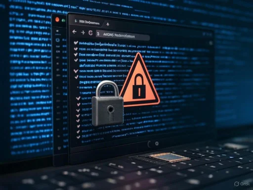 A computer screen displays encrypted code with security icons, including a padlock and warning sign, indicating encryption and protection. A computer screen displays encrypted code with security icons, including a padlock and warning sign, indicating encryption and protection.