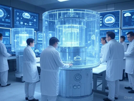 Scientists in white coats analyze data on holographic computer screens in advanced technology lab. Scientists in white coats analyze data on holographic computer screens in advanced technology lab.