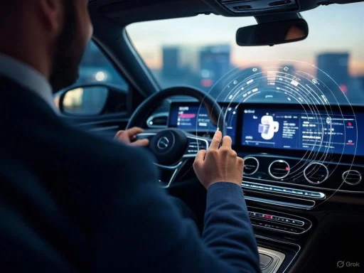 A person using augmented reality interface inside a futuristic autonomous car dashboard.