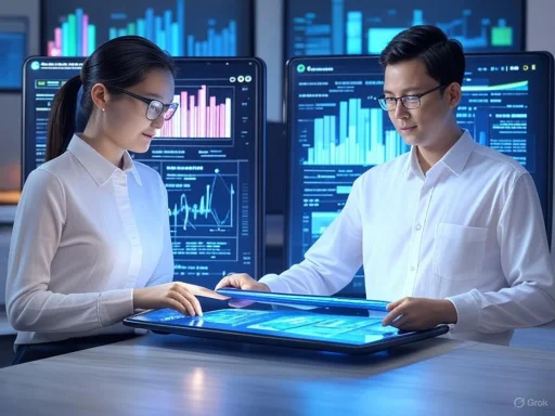 Two professionals analyze data on a digital tablet amid multiple screens displaying financial charts and graphs. Two professionals analyze data on a digital tablet amid multiple screens displaying financial charts and graphs.