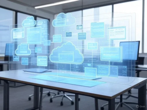 Interactive digital cloud storage visualization projecting over a conference table in a modern office.