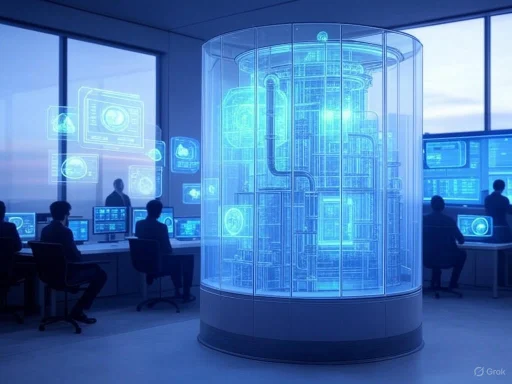 Scientists work in a high-tech lab with a holographic digital interface and large futuristic machinery.