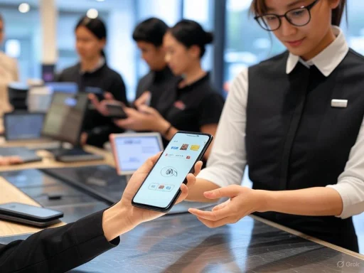 A customer makes a contactless payment to a store employee using a smartphone at a retail counter.