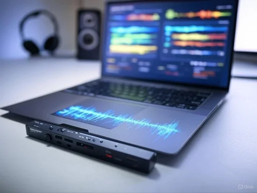 A laptop with music editing software, audio interface, headphones, and speakers on a workspace.