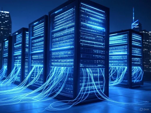 Futuristic server racks with illuminated blue LED lights and flowing data cables in a data center.