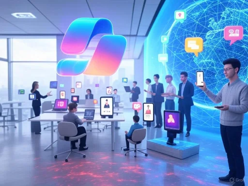 People in a futuristic conference room engage with digital avatars and holograms during a tech presentation.