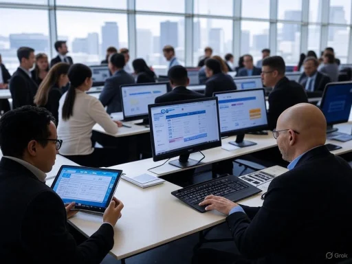 A busy business meeting or conference with professionals working on computers and tablets in a modern office. A busy business meeting or conference with professionals working on computers and tablets in a modern office.