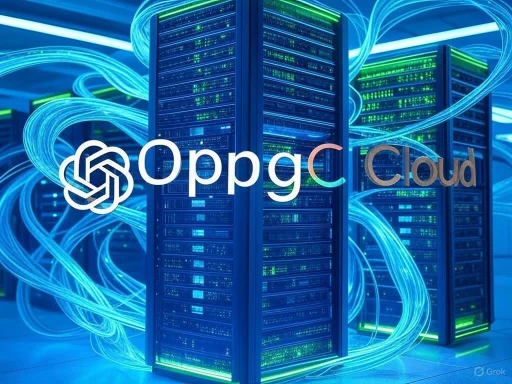 A digital illustration of data servers with glowing blue and green lines, featuring the Oppg C Cloud logo.