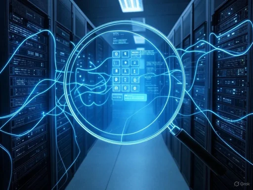 Digital hacking visualization over a data server room, with a magnifying glass highlighting a keypad interface.