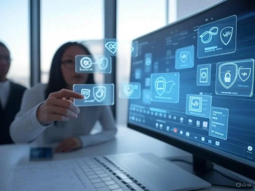 A woman interacts with a virtual holographic interface displaying various digital security and data icons on a computer screen.
