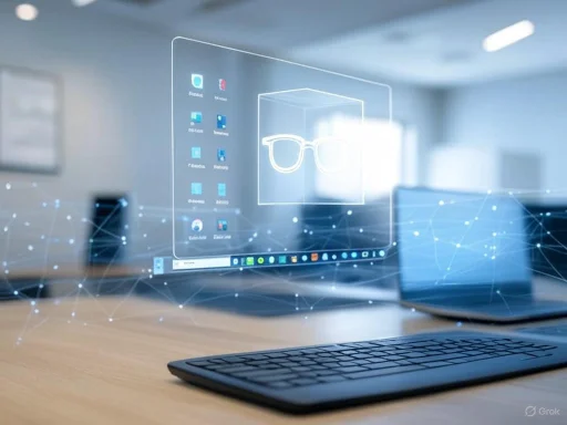 A digital hologram of glasses appears over a computer, illustrating augmented reality technology in a workspace. A digital hologram of glasses appears over a computer, illustrating augmented reality technology in a workspace.