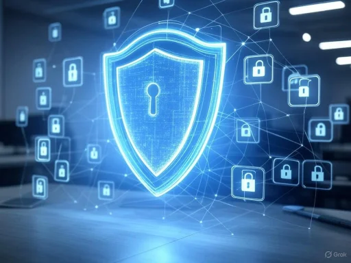 A digital shield with a lock symbol represents cybersecurity and data protection in a network environment.