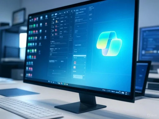 A computer monitor displays a digital workspace with various icons and a prominent software logo on a blue background.