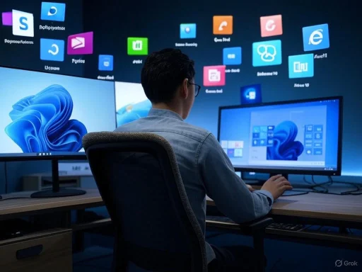A person working at a desk with multiple screens and floating app icons, likely in a digital or tech environment.