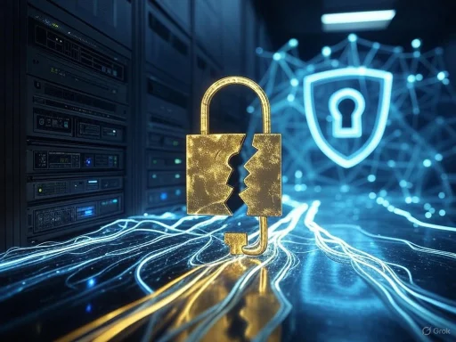 A golden broken padlock floats above digital streams and a shield with a keyhole, symbolizing cybersecurity and data protection.