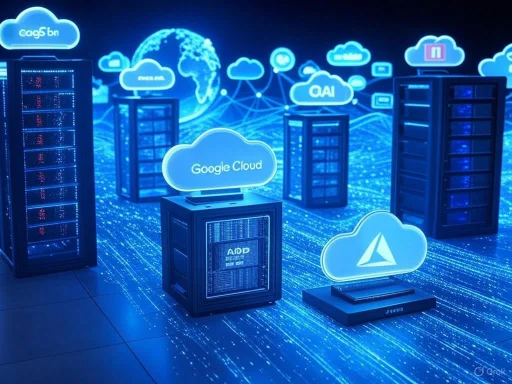 Displays of cloud computing servers with app names like Google Cloud and Azure in a digital blue-themed environment.