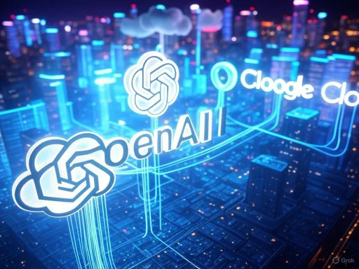 A futuristic cityscape with illuminated cloud and AI-related logos for 'enAI' and 'Google Cloud' interconnected by glowing lines.