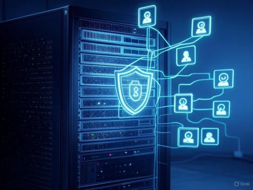 Digital network security with user authentication icons and a shield emblem on a server rack.