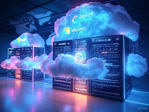 Virtual cloud-based infrastructure with servers and data clouds display futuristic, digital technology.