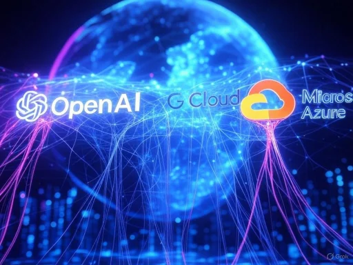 The image features logos of OpenAI, Google Cloud, and Microsoft Azure against a digital, networked globe background.