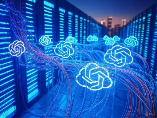 Futuristic servers with neon cloud icons and data cables in a high-tech data center at dusk.
