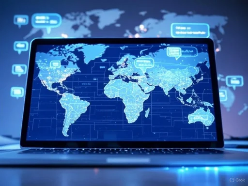 A digital world map overlayed with chat bubbles and data points displayed on a tablet screen.