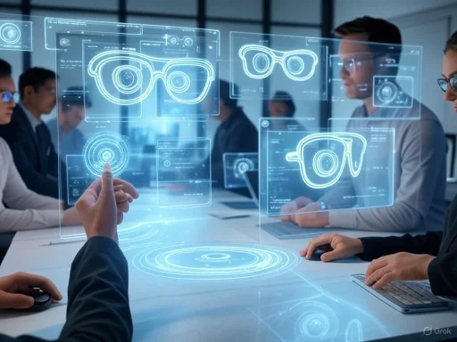 A group of professionals in a meeting room interact with virtual holographic displays of goggles and eyewear designs.