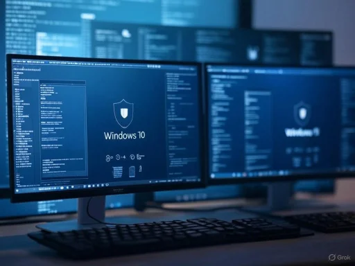 Two computer monitors display Windows 10 and Windows 11 system screens with coding and security icons.