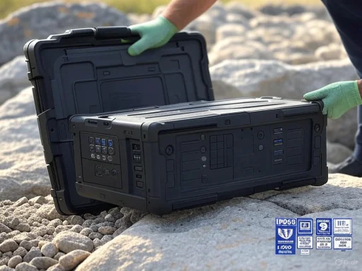 A person in gloves is handling a large, rugged black case outdoors on rocky terrain.
