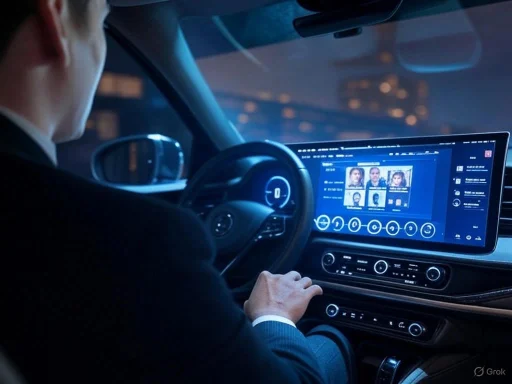 A person in a suit using a digital facial recognition system in a car at night.