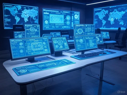 A high-tech control room with multiple monitors displaying global data and digital interfaces. A high-tech control room with multiple monitors displaying global data and digital interfaces.