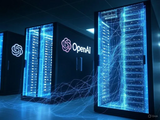 Data servers with digital network lines in a high-tech server room, branded with OpenAI logos.