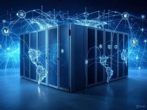 A data center with a digital world map and interconnected lines, representing global network connectivity. A data center with a digital world map and interconnected lines, representing global network connectivity.
