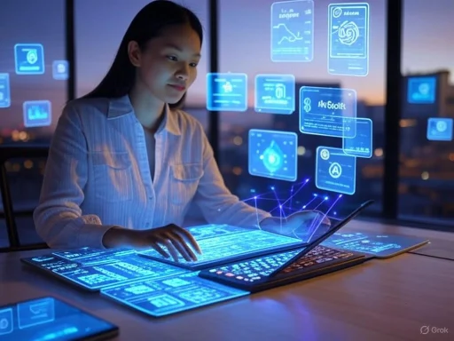 A woman interacts with floating holographic data displays on a transparent screen in a futuristic office setting.