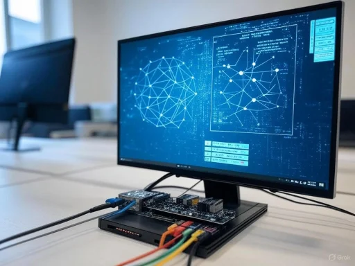A computer monitor displays complex data visualizations and network diagrams in a tech workspace.