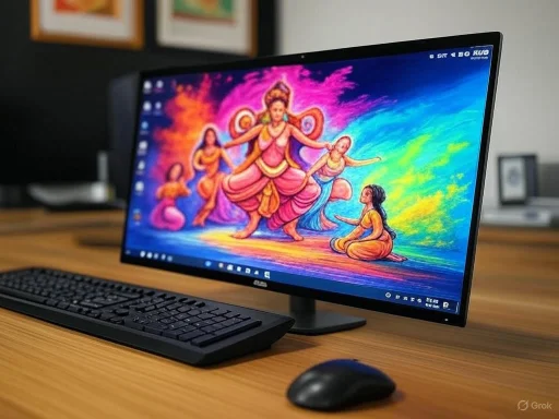 A computer monitor displays a colorful painting of Hindu deities, with a keyboard and mouse on a wooden desk.